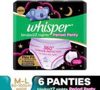 Whisper Bindazzz Nights – Period Panties, 360 Degree L. Protection, Flex Fit, Disposable, M-L, 6 pcs