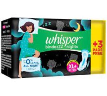 Whisper Bindazzz Nights Sanitary Pads – XL, Longer & Wider Back, Stops Leakage, 27 pcs