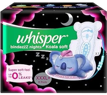 Whisper Bindazzz Nights Koala Soft Sanitary Pads – XXXL Plus, Double Huge Wings, Wider Back, 8 pcs