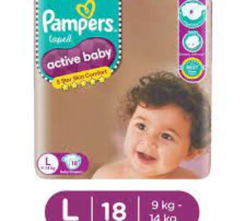 Pampers Active Baby Taped Diapers – Soft, Up To 12 Hours 5 Star Skin Comfort, Large, 18 pcs Pouch